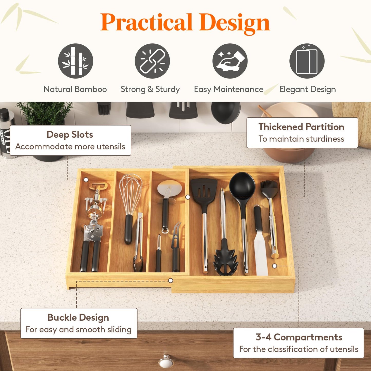 Lifewit Utensil Organizer for Kitchen Drawer, Expandable 13 to 22.4 Inches Wide, Adjustable Cooking Silverware Tray, Bamboo Cutlery Flatware Holder, Spatula Tools and Gadgets Storage Divider, Natural