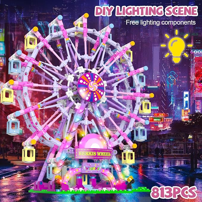 Ferris Wheel Building Set with Fairy Lights Two-Way RotationSTEM Learning Toy for Ages 8-12Amusement Park Construction Kit for Boys Girls 8 9 10 11 12 13 14 and Adults813Piece