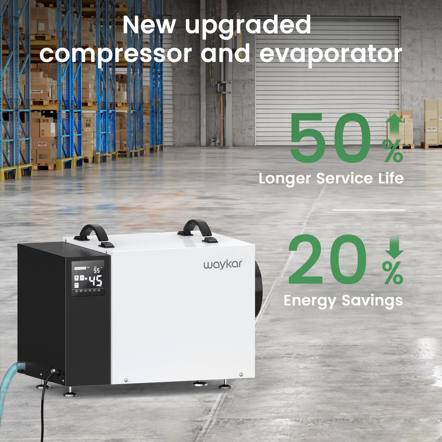 Waykar Commercial Dehumidifier with Pump and Drain Hose for crawl space, Basements, and Water Damage Unit