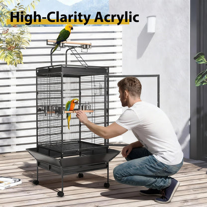 64.4" Tall Large Bird Cage, Metal Parrot Cage with Rolling Stand, Play Top & Bowls - Bird Aviary for Parrots, Parakeets, Conures, Cockatiels, Indoor Outdoor Aviary for Outside Porch Garden Yard