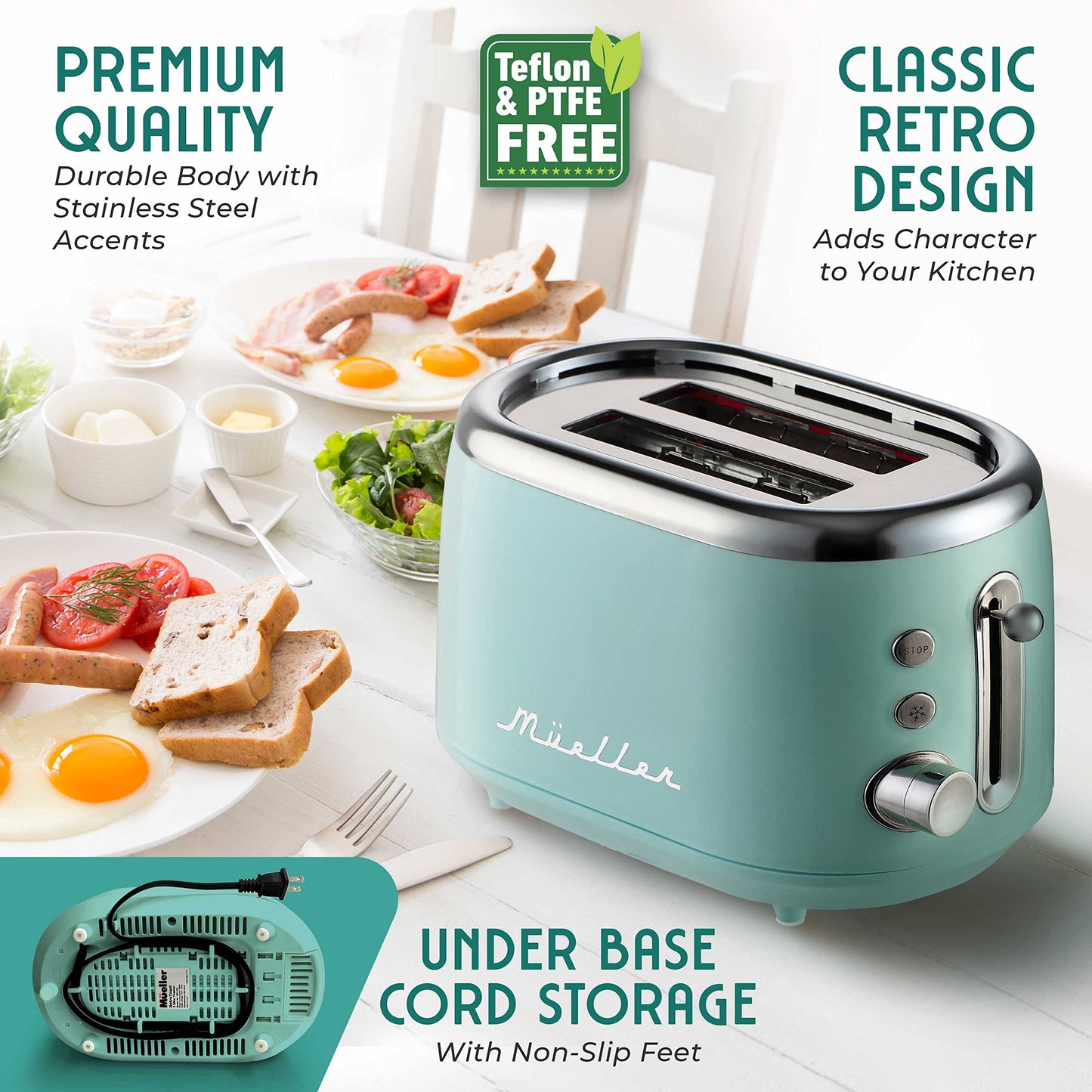 Mueller Retro Toaster 2 Slice with 7 Browning Levels and 3 Functions: Reheat, Defrost & Cancel, Stainless Steel Features, Removable Crumb Tray, Under Base Cord Storage, Turquoise