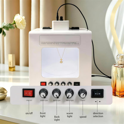 QIUNAOZI Professional Jewelry Photography Light Box Kit. Jewelry Photo Light Box, 4pcs Fill Lights, with 360° Electric Rotating Feature, Support Jewelry Hanging or Placing White-TB30