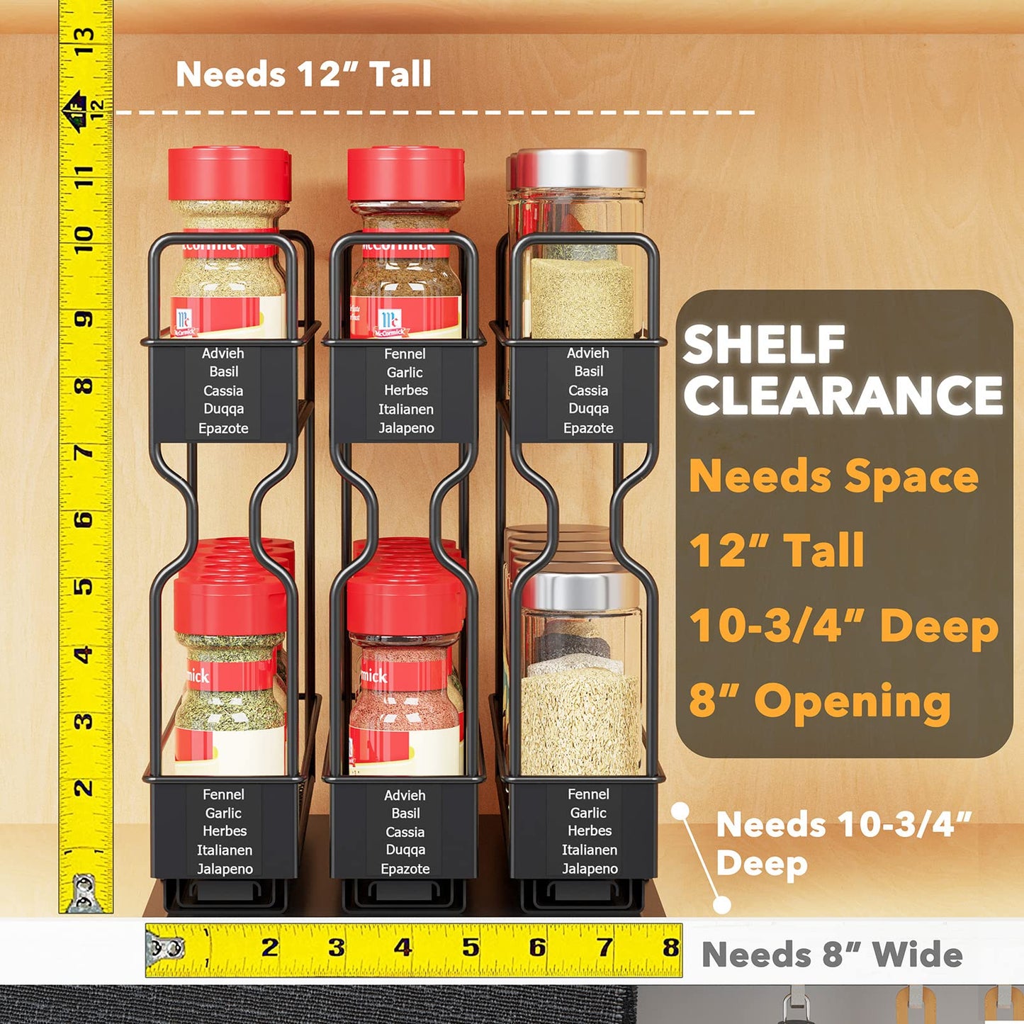 SpaceAid Pull Out Spice Rack Organizer for Cabinet, Heavy Duty Slide Out Seasoning Kitchen Organizer, Cabinet Organizer, with Labels, 5.2" W x10.75 D x10 H, 2 Drawers 2-Tier