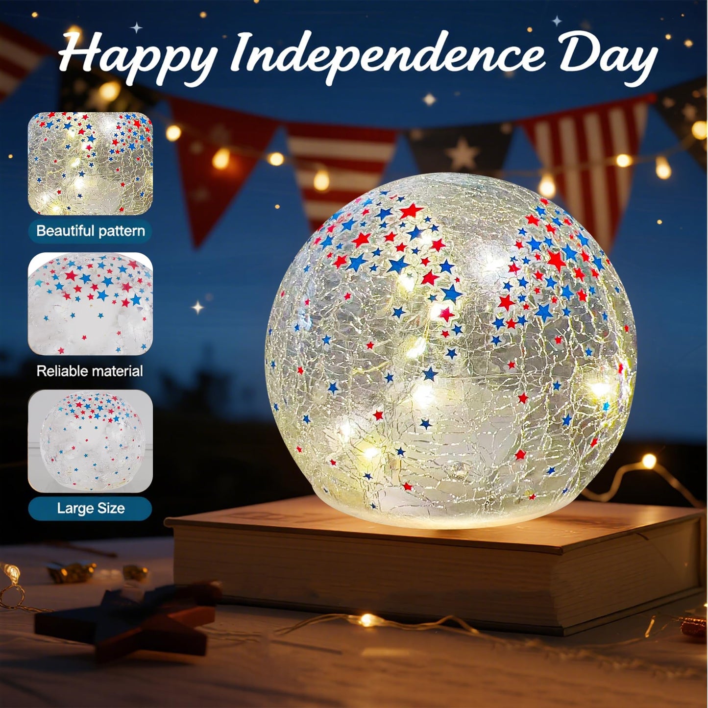 3PCS Independence Day Decorative Lights, 3.93-inch Independence Day Desktop Decoration LED Night Light, Cracked Glass Ball Light with Timer, 4th of July Decoration (Small Five-Pointed Star)