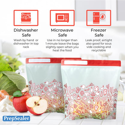 PrepSealer Reusable Food Storage Bags – Keep Fruits, Veggies & Meats Fresh Longer -10 Pieces (3 S, 3 M, 4 L)