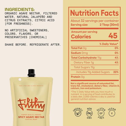 Filthy Spicy Agave Nectar All Natural Cocktail Mixer - Organic, Cocktail-Ready Agave Made With 100% Organic Blue Weber Agave - For Use in Margaritas and Your Favorite Cocktails, 32 oz Pouch, 1 Pack