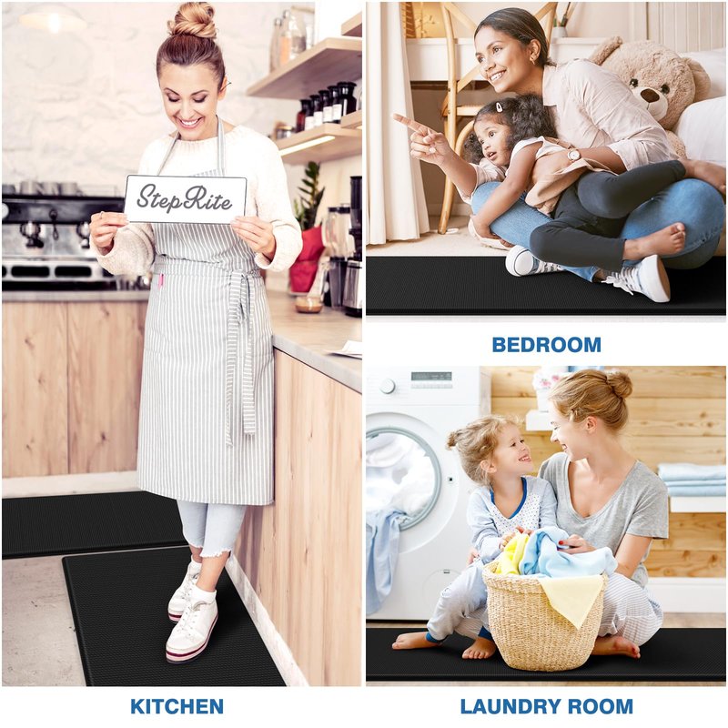 StepRite Kitchen Mats, 2PCS Kitchen Rugs, Cushioned Anti Fatigue Kitchen Mats for Floor, Non-Slip Standing Desk Mat, Waterproof Kitchen Rug Set for Kitchen, 20" x 32"+20" x 48"-0.47 inch Thick, Black