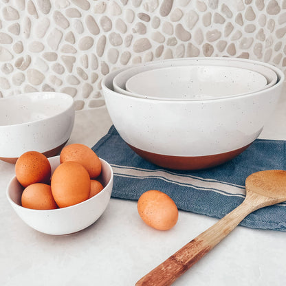 Mora Ceramic Large Mixing Bowls - Set of 2 Nesting Bowls for Cooking, Serving, Popcorn, Salad etc - Microwavable Kitchen Stoneware, Oven, Microwave and Dishwasher Safe - Extra Big 2.5 & 1.6 Qt - White