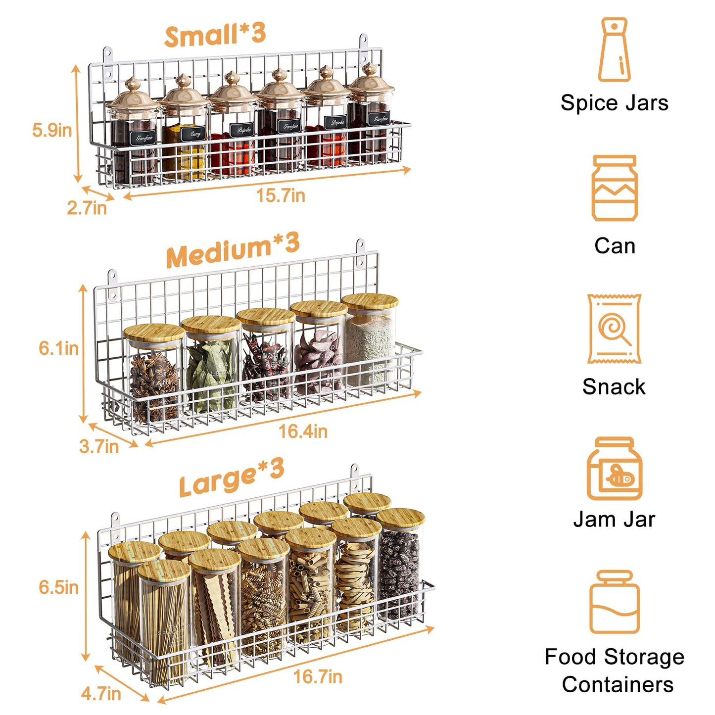JKsmart 6-Tier Spice Rack Organizer with Door Hook, Wall Mounted & Over the Door Spice Racks for Kitchen Pantry Door Cabinet, Two Size, Large Capacity, Black