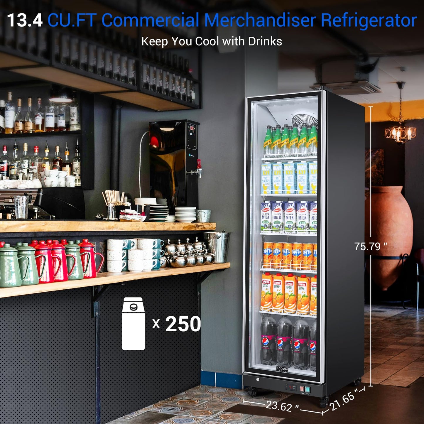 BODEGACOOLER Commercial Beverage Refrigerator with Glass Door,12.5 Cu.Ft Commercial Drink Refrigerator,Upright Large Display Merchandiser Beverage Bar Cooler with Soft LED Light,Adjustable Shelves