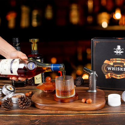 Whiskey Smoker Kit with Torch - 6 Flavors Wood Chips, 2 Rotatable Whiskey Glasses, 2 Ice Ball Molds - Cocktail Smoker Infuser Kit, Old Fashioned Smoker Kit, Birthday Gifts for Men, Dad(NO Butane)