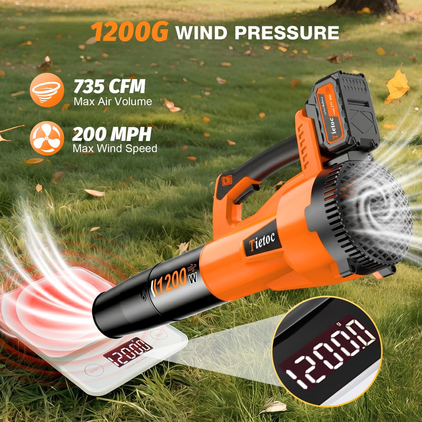 Tietoc Leaf Blower Cordless,1200W Brushless Electric Leaf Blowers w/ 2x5.0Ah Battery & Fast Charger, 6 Speed Powerful Blowers for Garden Lawn Care Patio Blowing Leaves Dust Snow Gift for Men Orange