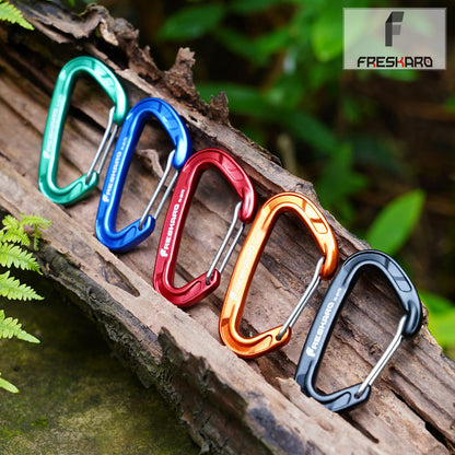 FresKaro 5pack Carabiner Clips Heavy Duty, Small Sturdy Key Keychain Accessory, Strong High Strength 8kN/1798lbs, Wire Gate, Ultra Lightweight, 7075 Aluminum, Rust Free, D-Shape, Orange