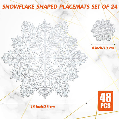 Sieral Snowflake Placemats and Coasters Set Pressed Vinyl 15 Inch Placemats and 4 Inch Coasters for Christmas Winter Wedding Party Dinner Table Decoration(Silver,24 Sets)