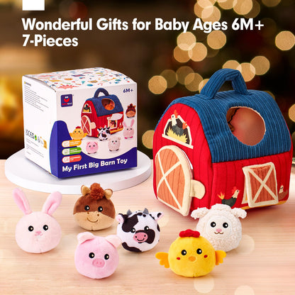 hahaland Baby Toys 6-12 Months - Surprise Barn Stuffed Farm Animals, Rattle, Crinkle, Mirror, Montessori Toys for 6 Month Old Babies Sensory Balls Toddlers 1-3 Gifts Christmas Baby Stocking Stuffers