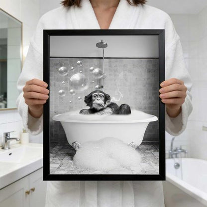 Framed Chimpanzee Wall Art - Fun Black and White Monkey Canvas Decor | 8x10 Inches for Bathroom or Man Cave