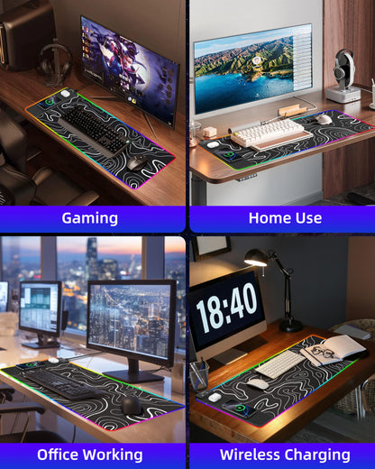 Wireless Charging Mouse Pad, RGB Gaming Mousepad, 31.5"x15.7" Extra Large Desk Pad, 13 Light Modes, Ultra-Smooth Surface, Non-Slip Base, Waterproof Computer Keyboard Mat for MacBook, PC, Laptop, Black