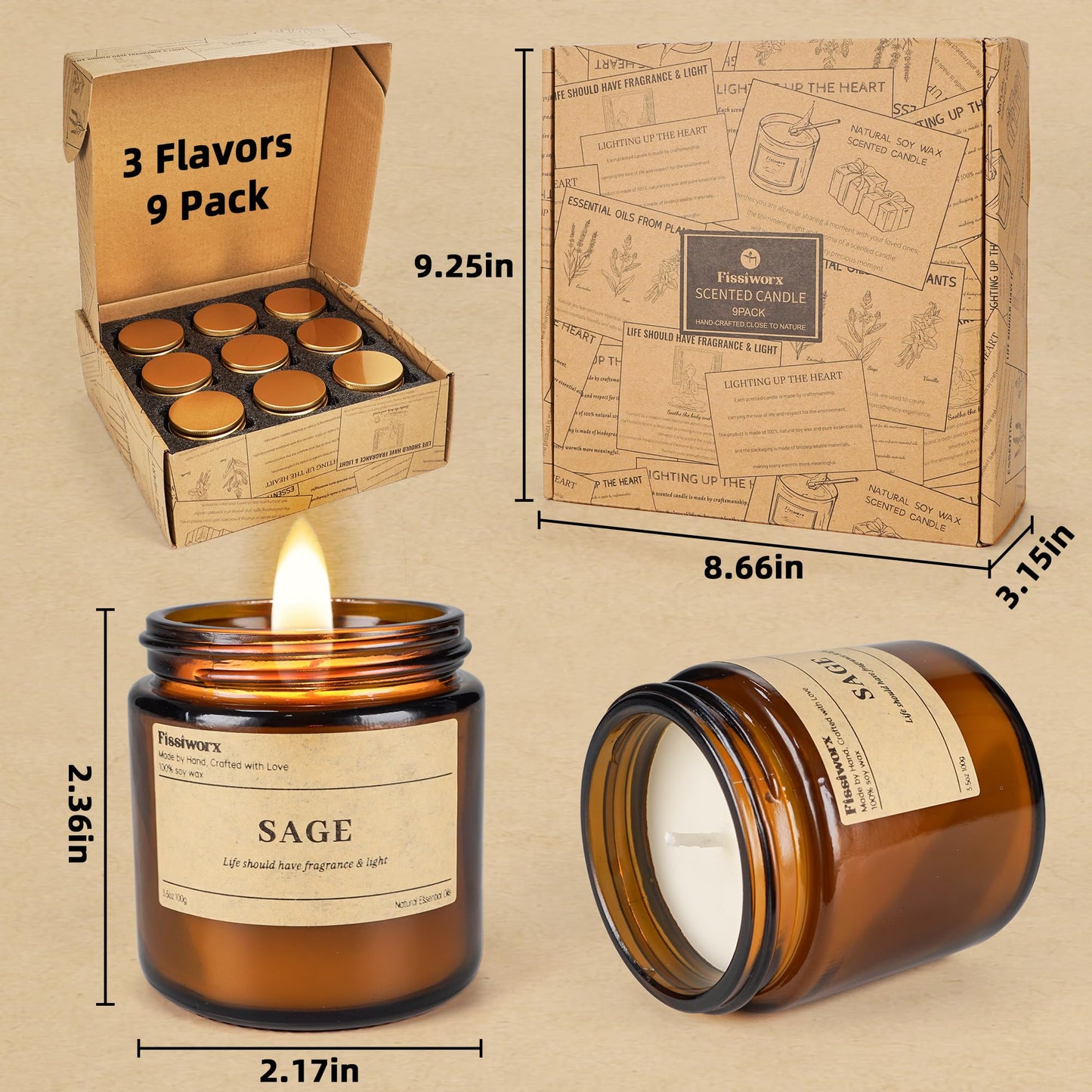 9 Pack Soy Candles for Home Scented |（Vanilla/Lavender/Sage） Long-Lasting 270 Hours, Natural Scented Candles Gift for Women & Men, Birthday, Mother’s Day, Christmas, Thanksgiving