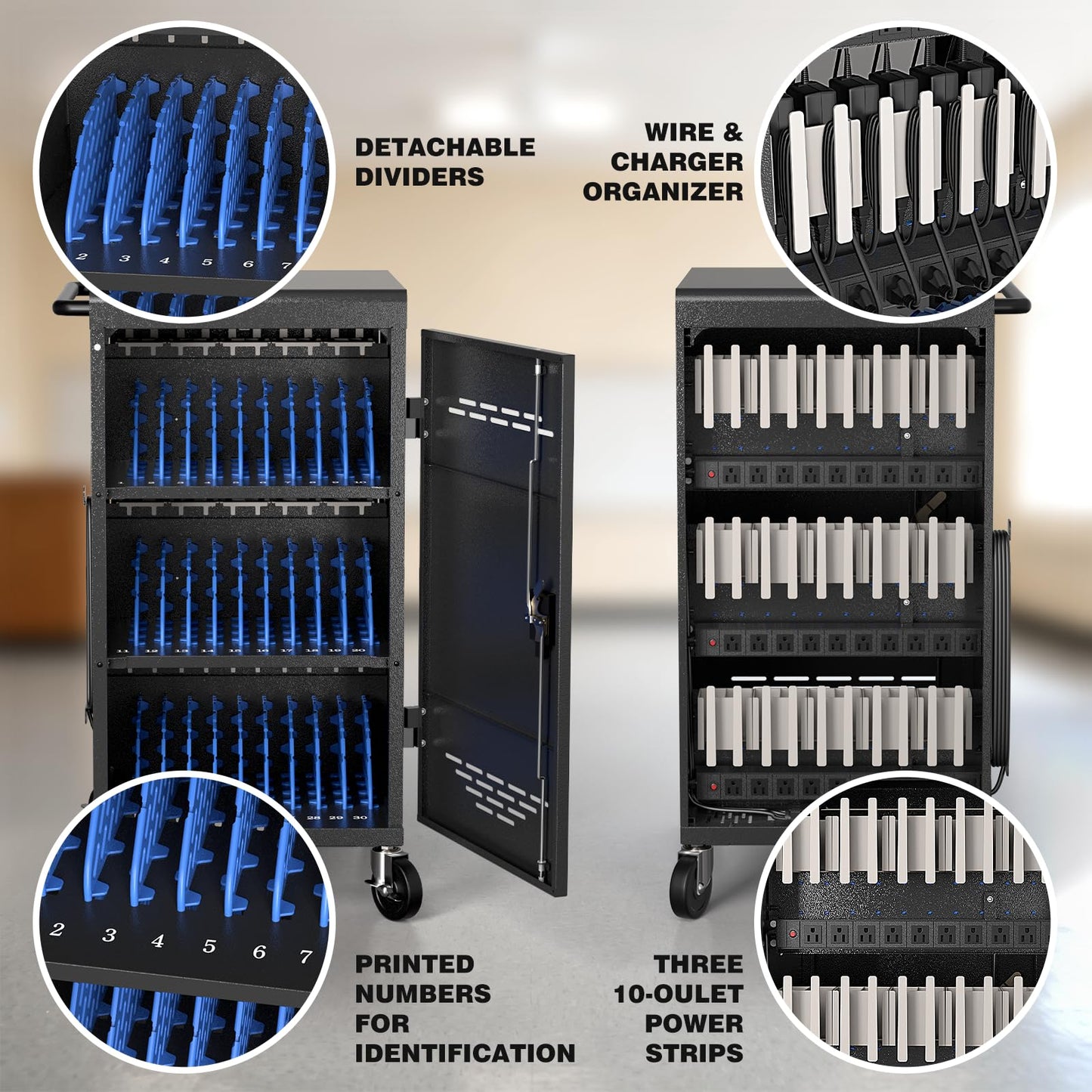30 Unit Device Charging Station for Chromebook, iPad, 14'' Laptop - Charging Cart with Charger Cable Management, Circuit Breaker, Grounding Protection, Assembly Required