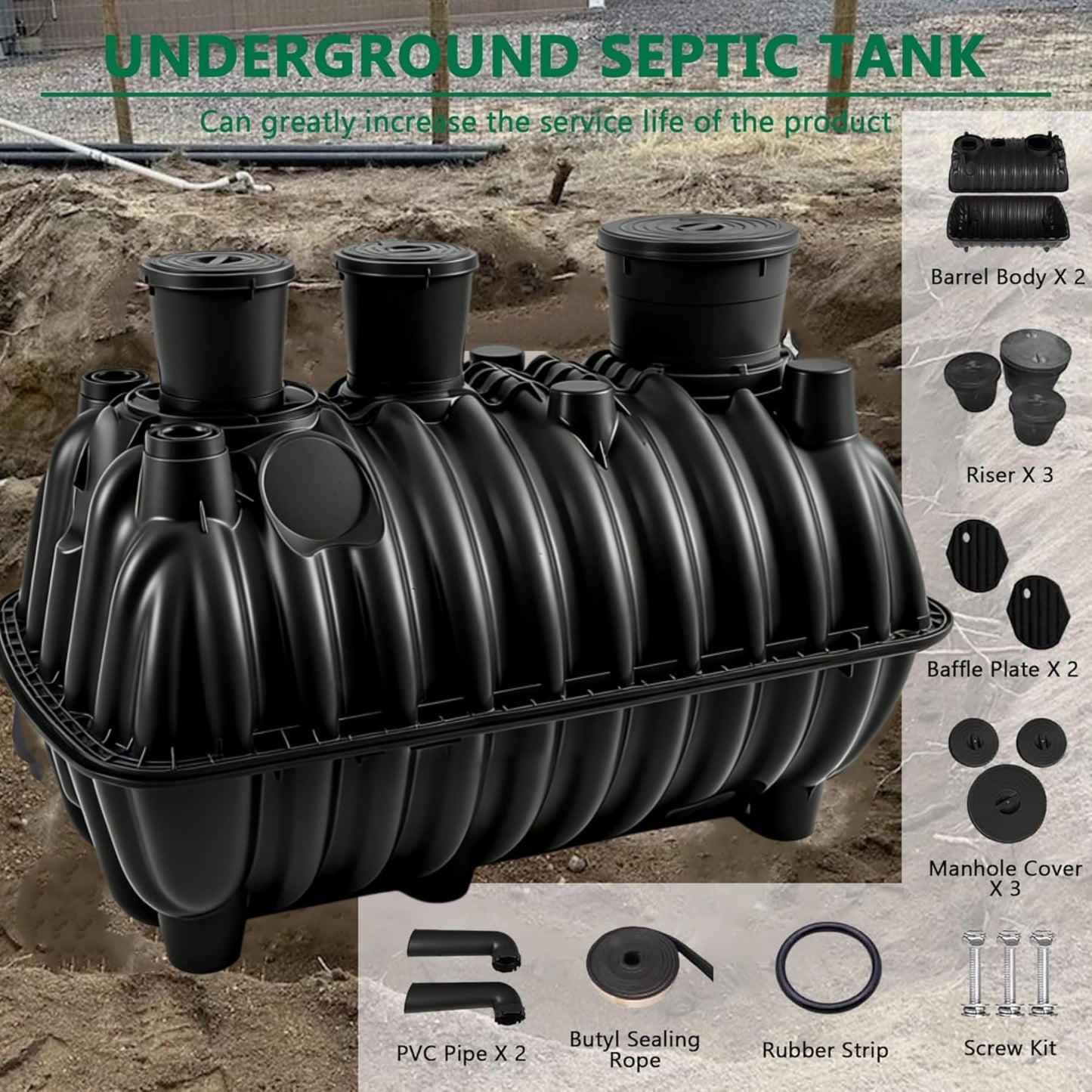 Large 274-gallon underground septic tank, corrosion-resistant PP septic tank system, equipped with a standpipe and observation hole cover, dimensions are 68.3x38.8x36.2 inches, suitable for 3-5 people