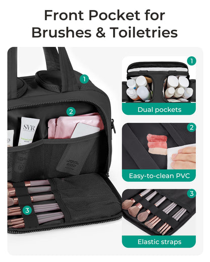 BAGSMART Travel Toiletry Bag, Lightweight Large Wide-open Travel Bag for Women, Puffy Cosmetic Makeup Bag Organizer with Handle for Accessories,Essentials, Toiletries, Black