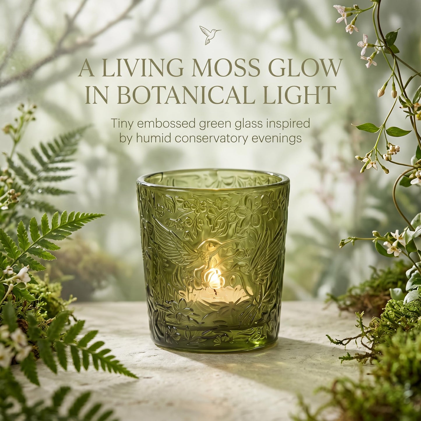 12 Pack Hummingbird Embossed Glass Candle Holders – Votive Tealight Holders with Patent Design, Decorative Embossed Glass Cups for Wedding Centerpieces, Parties, and Home Décor (Moss Green)