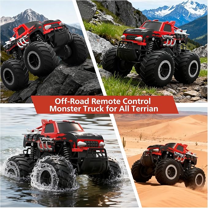 Amphibious Remote Control Car Monster Truck Toys - 1:16 All Terrain RC Trucks High Speed RC Cars with Crashworthy BodyOff- Road Electric Vehicle Kid Toys for Boys and GirlsAge 6+Red
