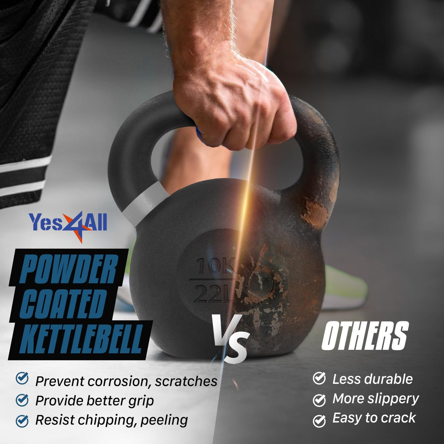 Yes4All Powder Coated Kettlebell, Cast Iron Core Kettlebells with Non-Slip Handle & Flat Bottom for Conditioning, Heavy Duty for Strength Training, 9lb to 71lb - Single & Pair