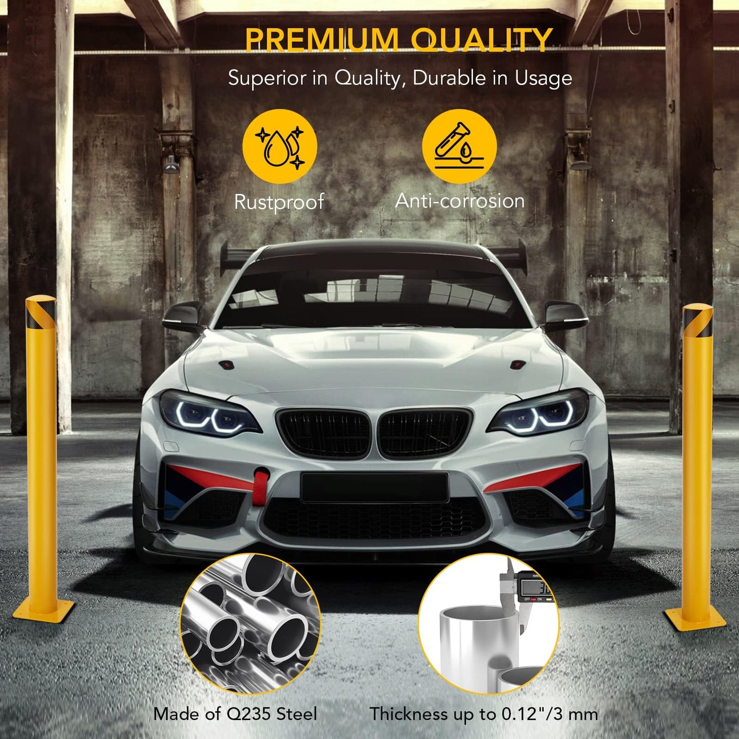 4-Pack 42 Inch Steel Safety Bollards, 4.5 Inch Diameter Parking Bollard Post with 16 Anchor Bolts, Yellow Safety Steel Bollard Post for Driveway Barrier, Traffic Control & Storefront Protection
