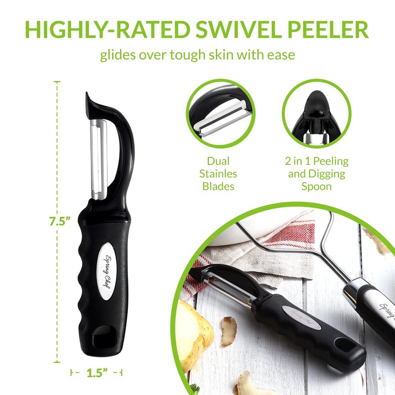 Spring Chef Stainless Steel Premium Vegetable Peeler with Potato Masher, Soft Grip Handle Metal Food Peeler and Masher for Fruit & Vegetables