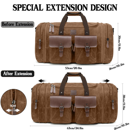 Densata Waxed Canvas Duffle Bag for Men 50L Travel Duffel Bags Expandable Genuine Leather Duffel Overnight Weekender Carry On Bag Two Zipper Pockets Travel Bag (Vintage Dark Brown, Large-50L)