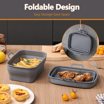 Vangerute Collapsible 2-Pack Air Fryer Silicone Liners for 10QT NINJA Foodi Dual, Reusable Rectangular Silicone Basket Pot for Air Fryer Accessories (Gray)