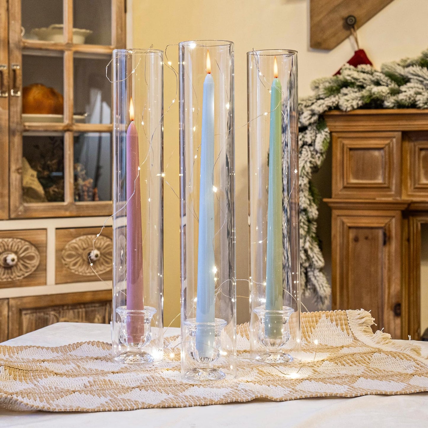 CHILL RECIPE Hurricane Glass Candle Holders-Set of 6 Tall Taper Candle Holder with 12” Tall Clear Cylinder Covers for Wedding Table Centerpiece Home Decor (Floral Base+Clear Chimney)