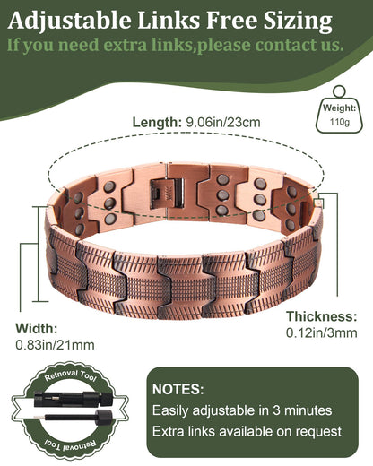Fashtour 3X Copper Bracelet for Men Triple Ultra Strength Magnets, Masculine Design Pure Copper Magnetic Bracelet, Adjustable Length with Sizing Tool