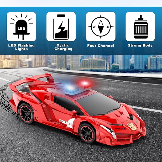 FDJ Transform Remote Control Car Robot One Button Deformation to Robot with Flashing Light 2.4Ghz 1:18 Scale Transforming Police Car Kids Toys with 360 Degree Rotating Drifting Toys for Boys Girls
