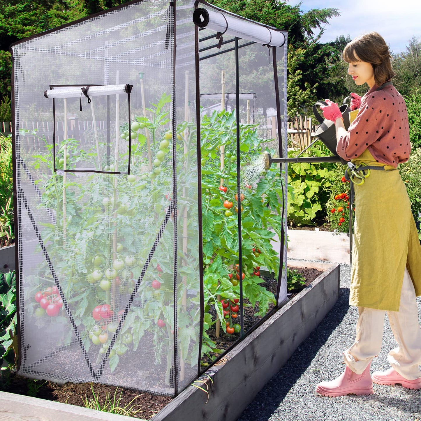 Ohuhu Tomato Greenhouse for Outdoors: Portable Lean to Green House Heavy Duty with Roll-Up Zippered Door, Tall Plastic Greenhouses for Outside Plants Growing Shed Tent for Backyard, 6.6x2.5x5.6 FT