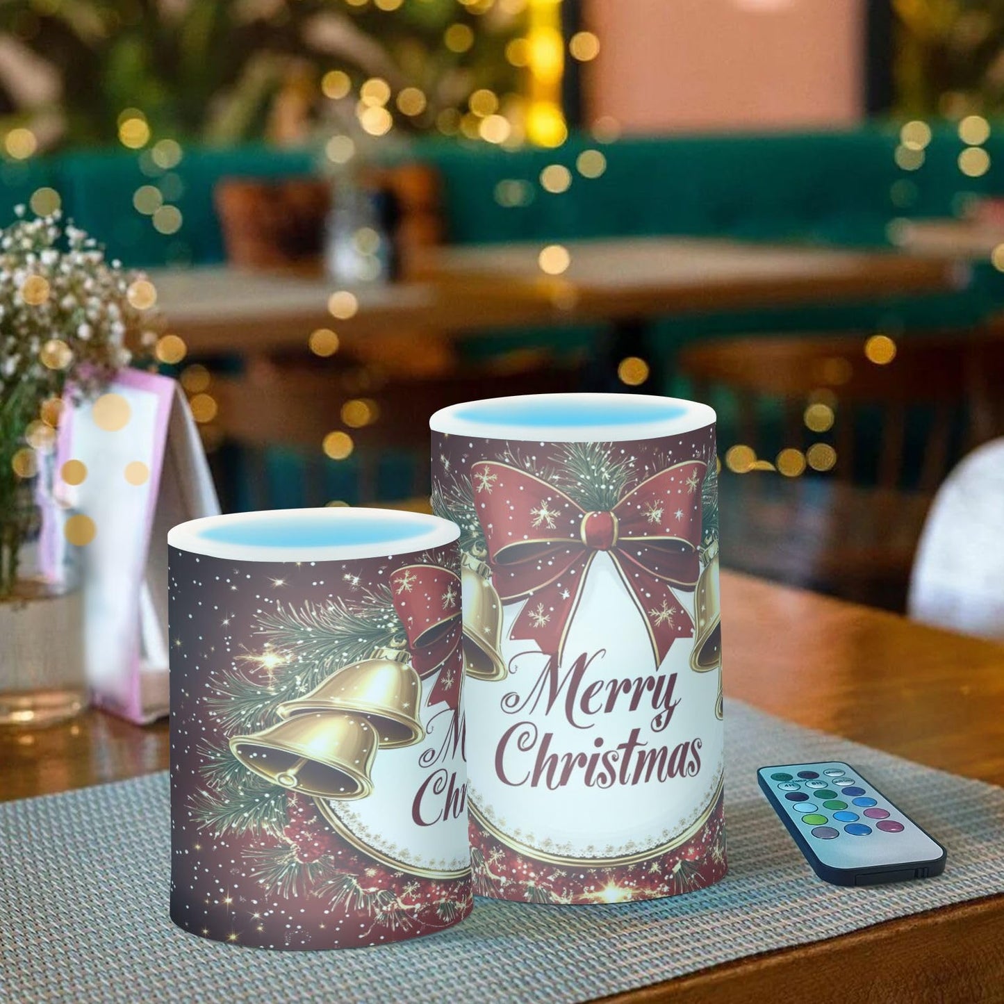 Eionryn Christmas Golden Bells Red Bow Flameless Candles Battery Operated LED Candles with Remote Timer Electric Candles for Home Party Decor 2pcs