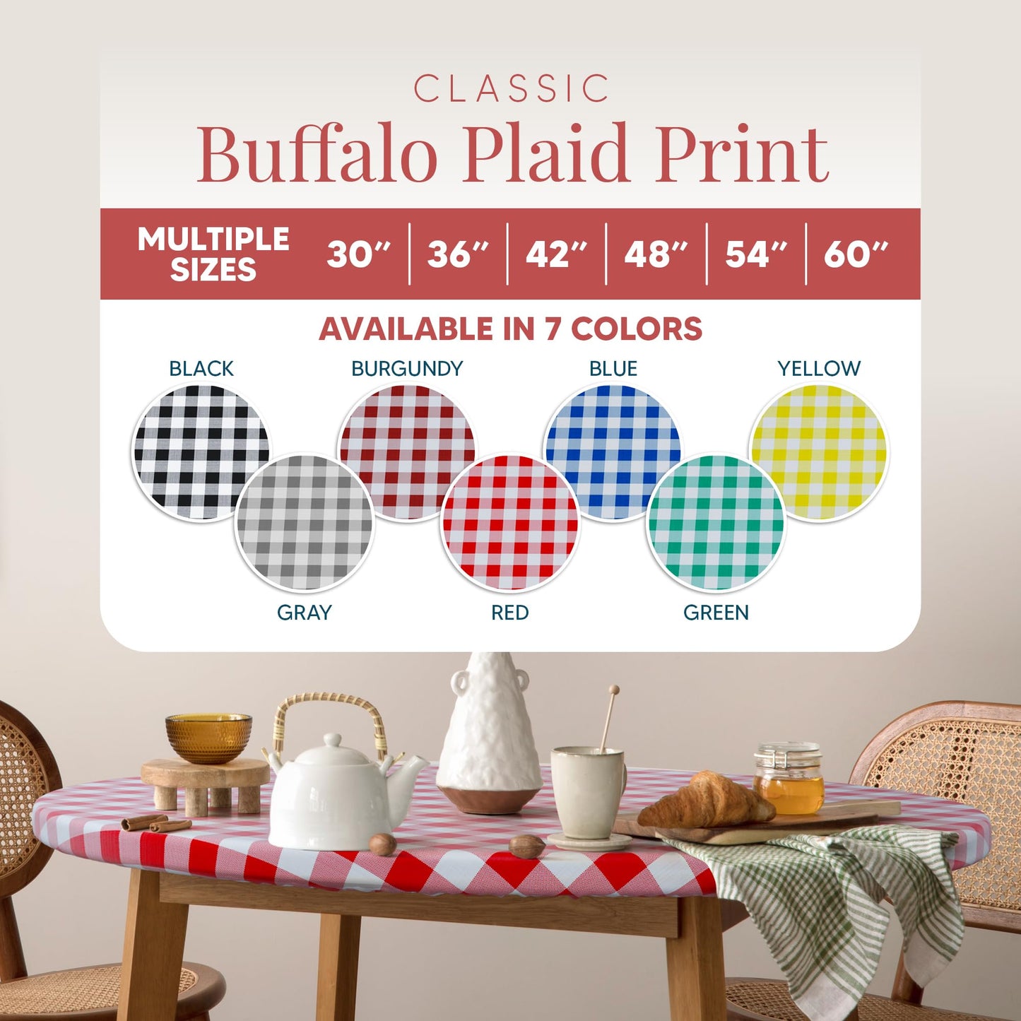 Sorfey Round Tablecloth of Polyester -Fitted with Elastic, Water Proof, Washable, Fits for Table 48 Inches Round, Checked Black Design, for Indoor/Outdoor Kitchen and Picnic and More...