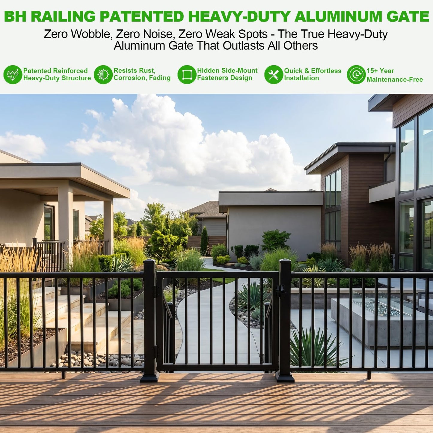 BH Railing 36" H x 40" W Heavy Duty Aluminum Picket Gate Kit – Modern Minimalist Design, AAMA 2604 Powder-Coated Textured Black, Rust & Corrosion Resistant, Maintenance-Free, Easy Installation