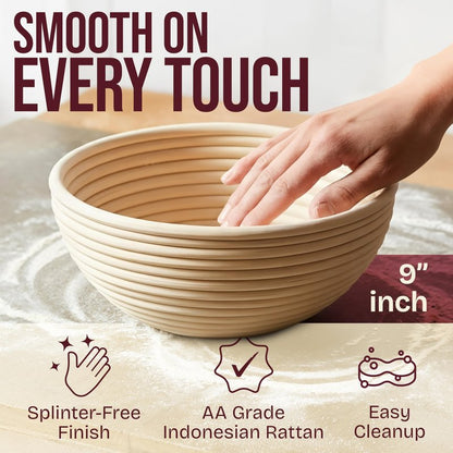 Superbaking Banneton Bread Proofing Basket, Sourdough Bread Baking Supplies, Round 9 Inch Sourdough Starter Kit, Proofing Basket for Baking, Bread Making Supplies Tools, Banneton Basket Gift Set