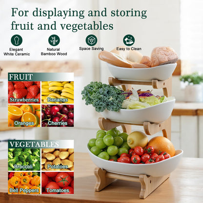 SEVEN SPARTA Fruit Bowl for Kitchen Counter - 3 Tier Ceramic Serving Bowls with Bamboo Stand, Tiered Fruit Basket for Fruit Vegetable Storage, Cake, Dessert, Nuts, Snack, Salad (Dishwasher safe)