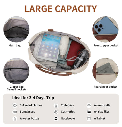 Oeihuivt Weekender Bags for Women - 21 Inch Large Travel Duffel Bag 3-Piece Set with Shoe Compartment, Heavy-Duty Canvas & Leather Carry On Overnight Tote (Airplane Approved)