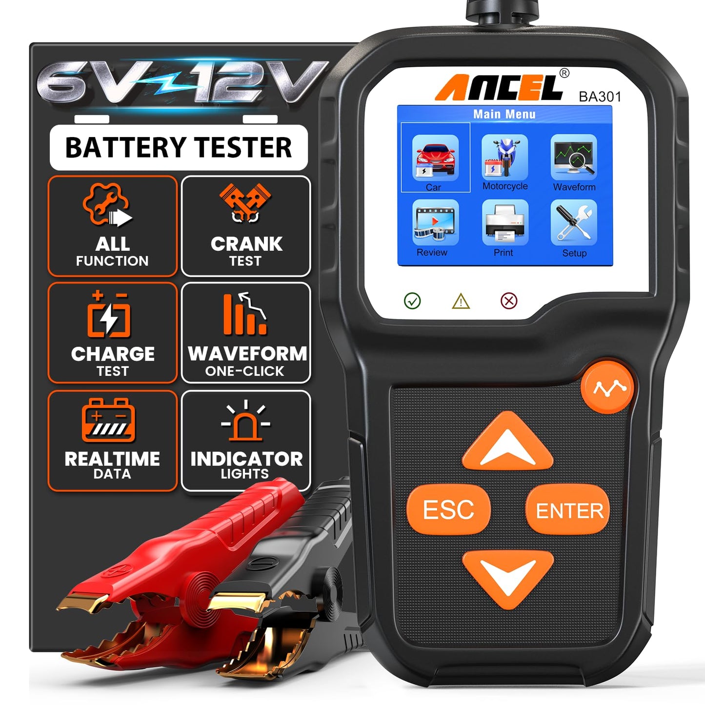 ANCEL BA301 6V 12V Car Battery Tester, 100-2000 CCA Automotive Load Tester Alternator Tester Auto Digital Battery Analyzer Cranking and Charging System Test Tool for Motorcycle Car Boat Truck SUV ATV