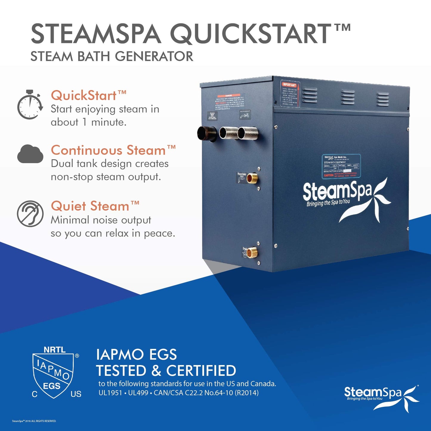 SteamSpa 12kW Steam Sauna Generator Executive Bundle 240V Steam Generator with Touch Pad, Steamheads, Pressure Relief Valve, Built-in Auto Drain, LED Light, Filter and Quick Install Kit EXT1200BN-A