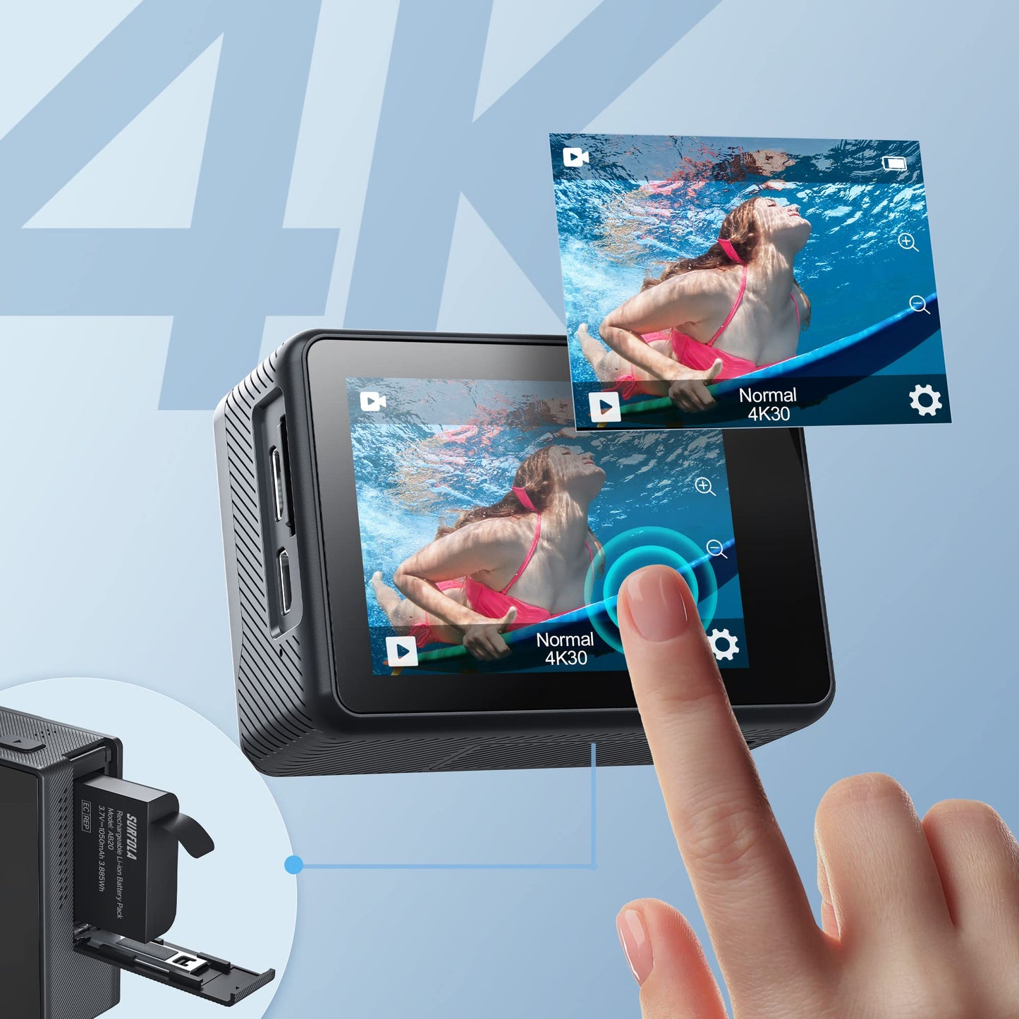 Waterproof Action Camera 4K-Ultra HD 60FPS 24MP 40M Underwater Helmet Vlog WiFi Camera，8X Zoom Touch Dual Screen EIS Stabilization Cam/Wireless Mic/Remote Control/Battery*2/Charger/Accessories Kit