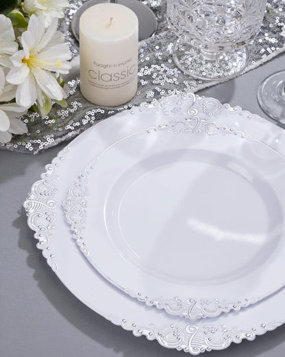 Nervure 350PCS Silver Plastic Plates - Silver Plastic Dinnerware Sets for 50 Guests - 100 Disposable Plates, 150 Silverware, 50 Cups, 50 Napkins for Wedding & Party