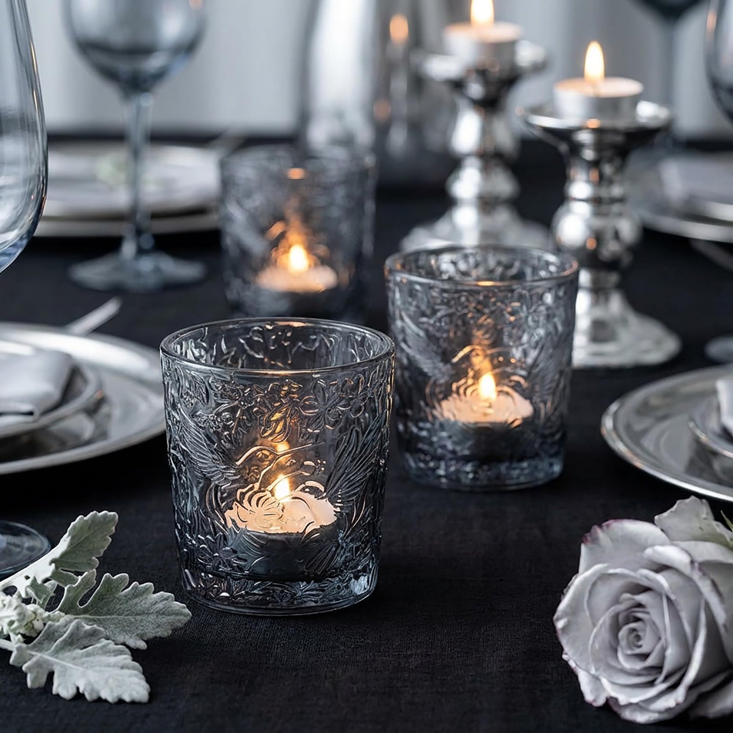 6 Pack Hummingbird Embossed Glass Candle Holders Votive Tealight Holders with Patent Design, Decorative Glass Cups for Wedding Centerpieces, Parties, and Home Decor (Smoky Quartz)
