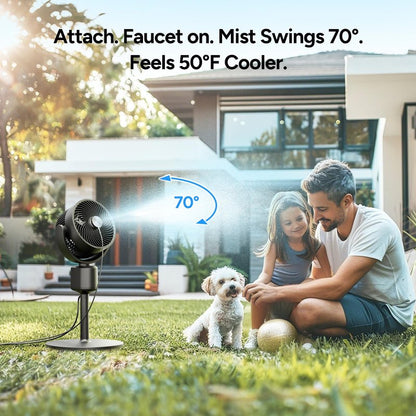 DR.PREPARE Compact Misting Pedestal Fan with Magnetic Mister, Quiet Air Circulator Standing Fan, 16-34" Adj. Height, 70°Auto-Oscillation, 90° Up+10° Down Tilt, 3 Speeds for Small‑Medium Patio Backyard