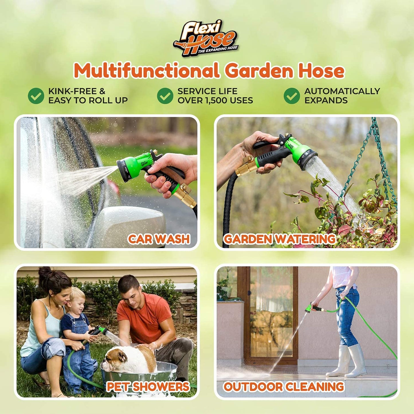Flexi Hose with 8 Function Nozzle Expandable Garden Hose, Lightweight & No-Kink Flexible Garden Hose, 3/4 inch Solid Brass Fittings and Double Latex Core, 75 ft Black