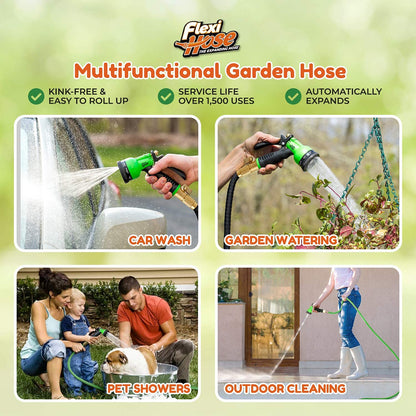 Flexi Hose with 8 Function Nozzle Expandable Garden Hose, Lightweight & No-Kink Flexible Garden Hose, 3/4 inch Solid Brass Fittings and Double Latex Core, 75 ft Black